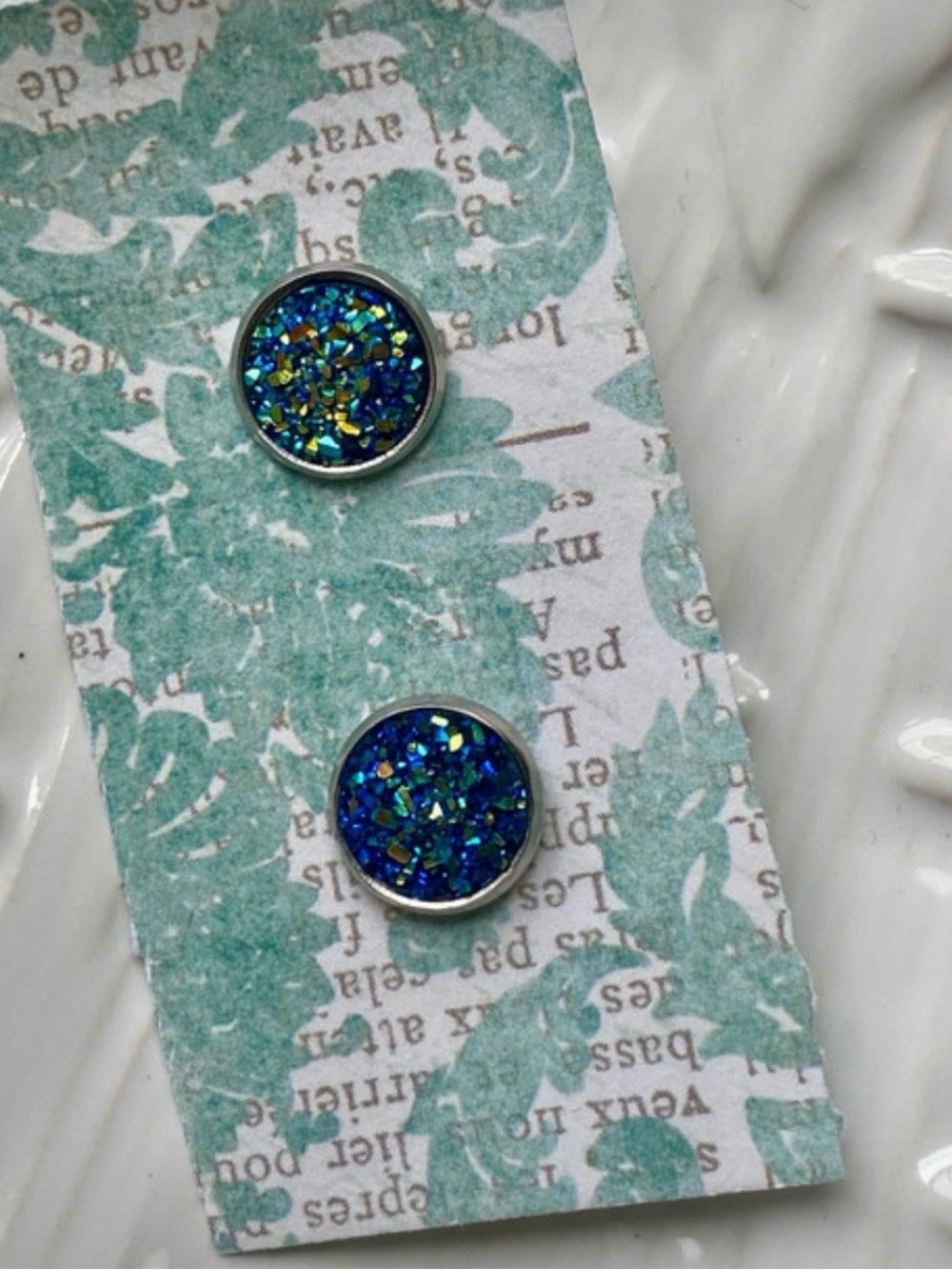 Blue Druzy Round Stud Earrings - Women Jewelry NWOT